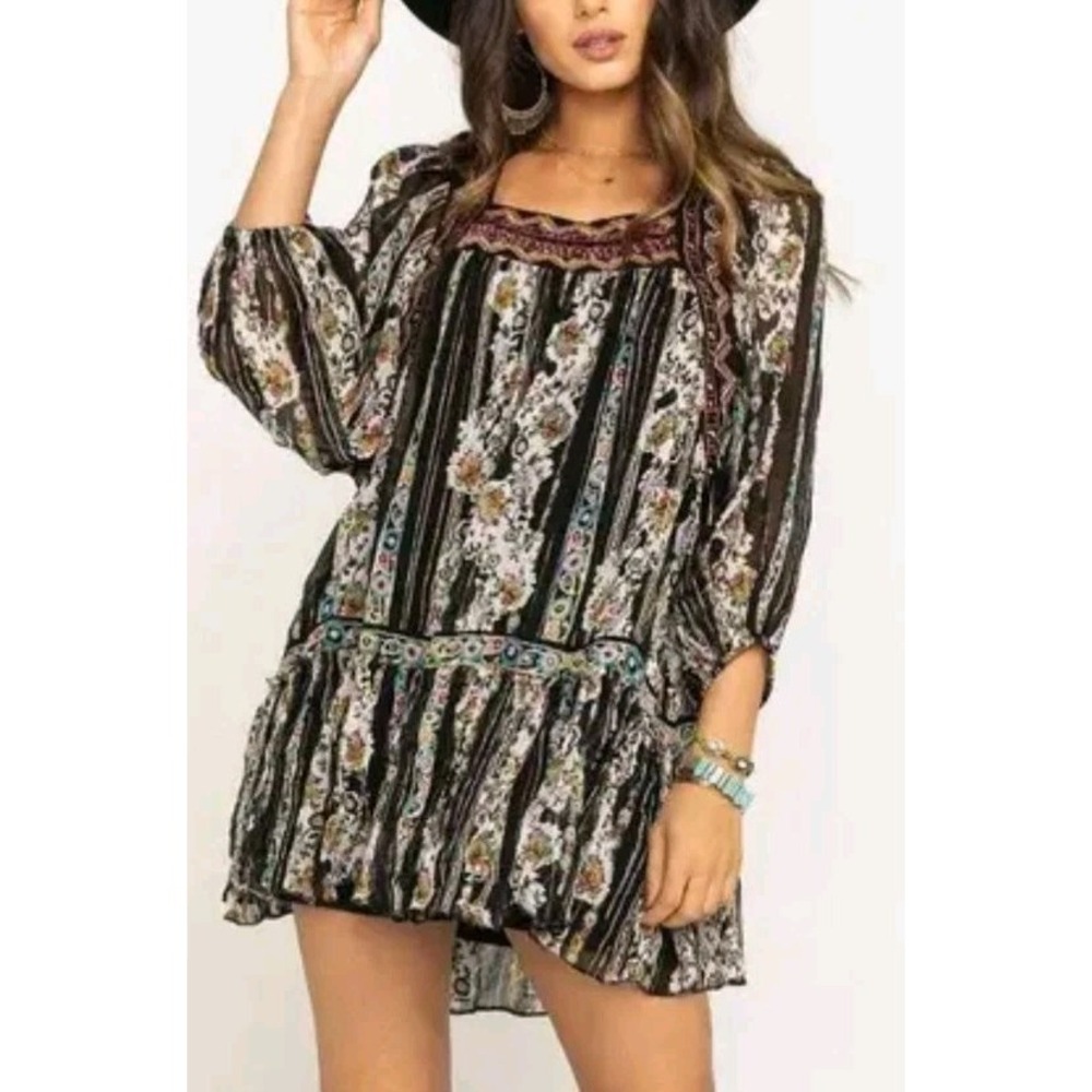 Free‎ People Dance Magic Gypsy Boho Embroidered Tunic Mini Dress Black NWOT SZ S